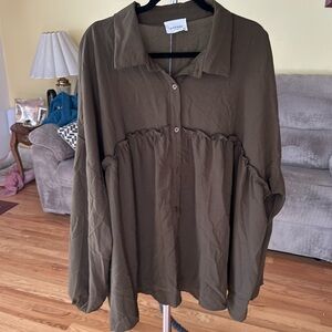 Long-sleeve button down olive green blouse by Andre